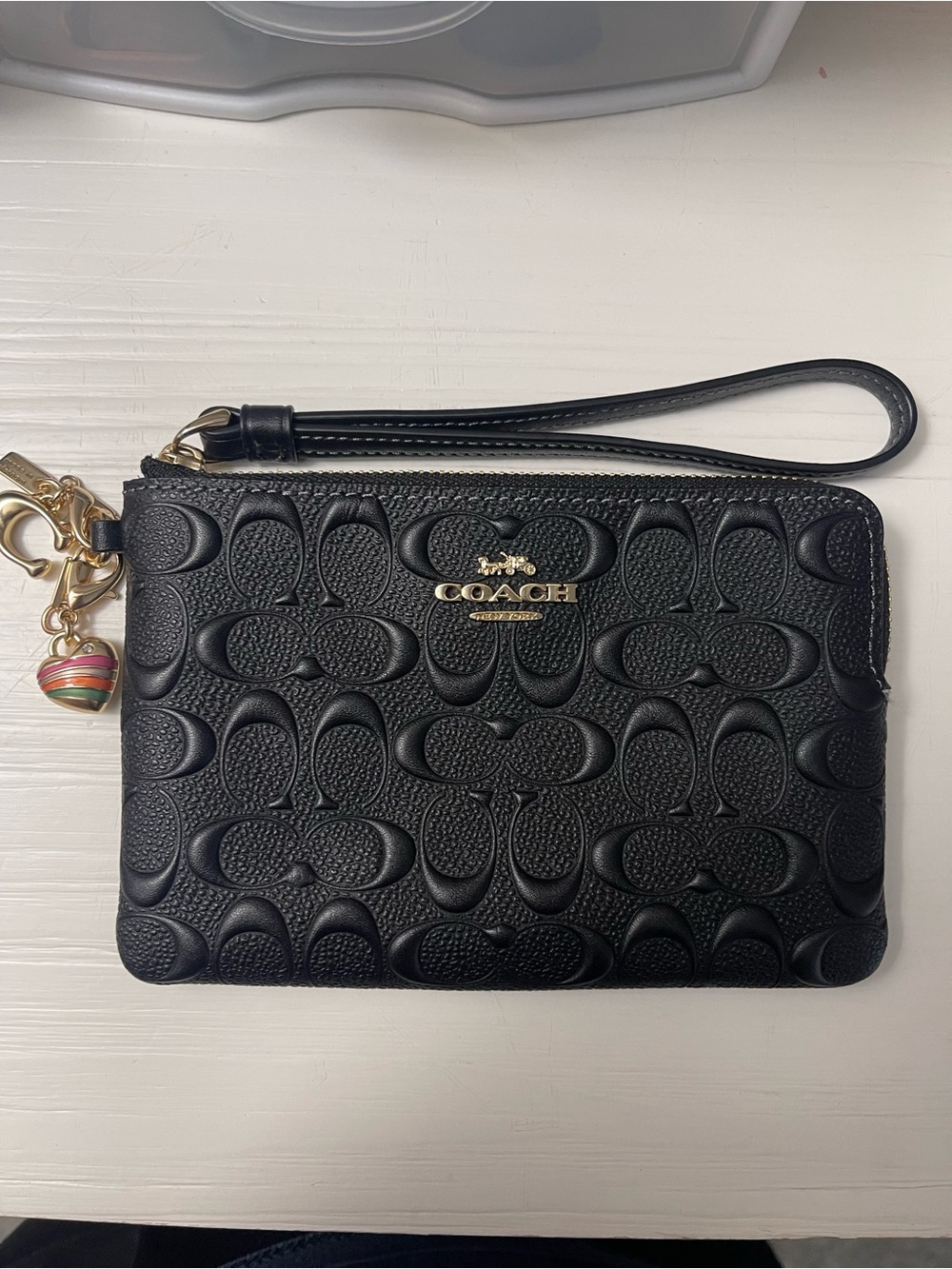 Coach Black Embossed Signature Leather Wristlet with Charm